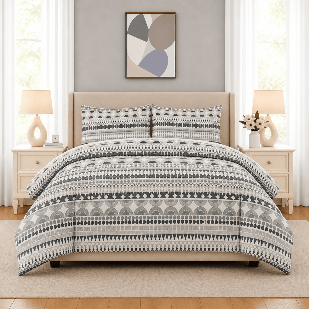3PC Urban Printed Microfibre 80gsm Comforter - Faded Blue Grey Bohemian - Home Phase