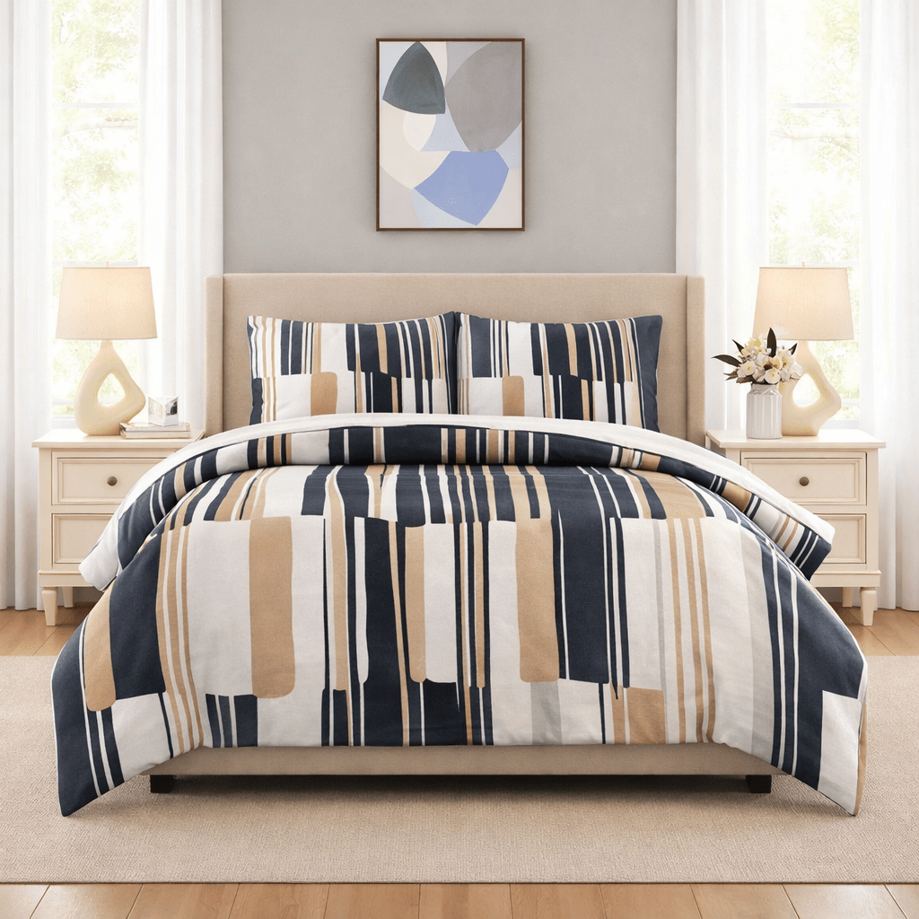 3PC Urban Printed Microfibre 80gsm Comforter - Gold & Navy Abstract - Home Phase