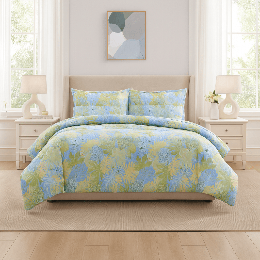 3PC Urban Printed Microfibre 80gsm Comforter - Green & Blue Leaf - Home Phase