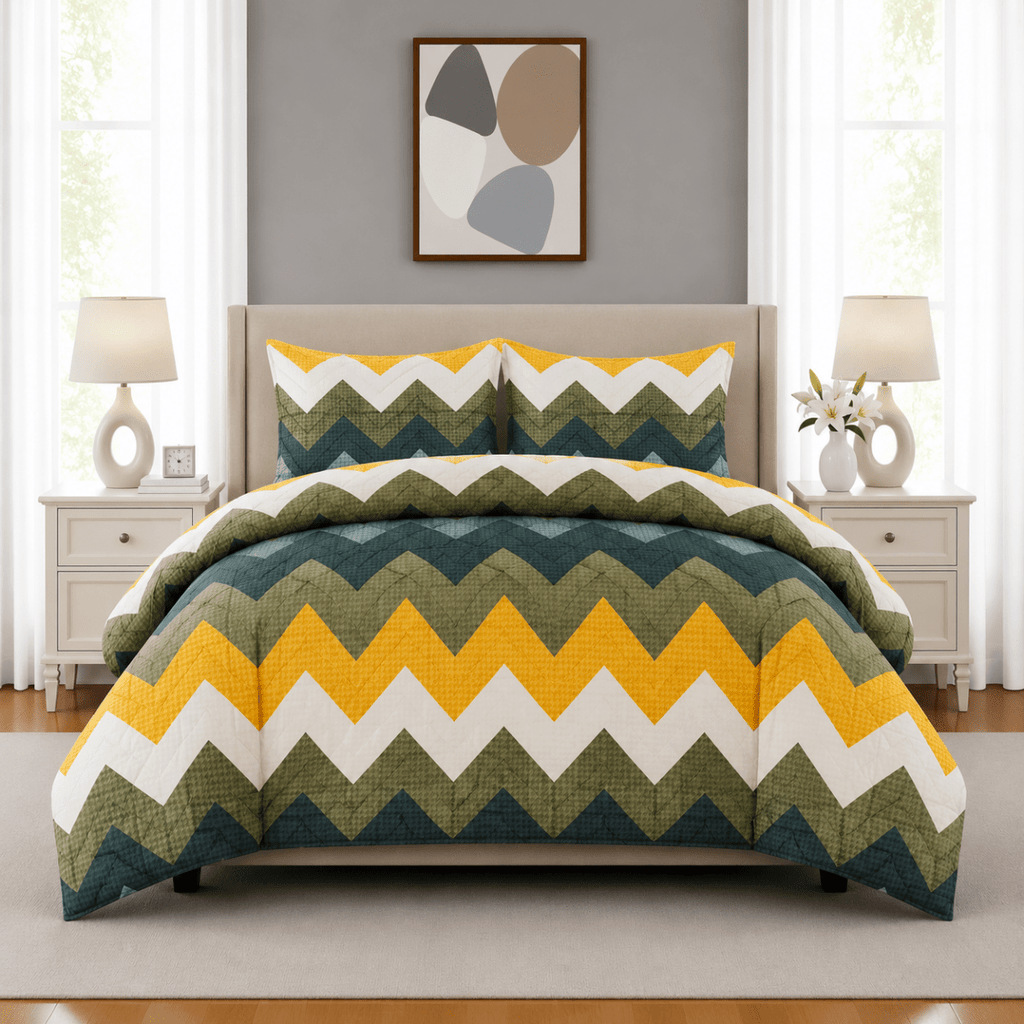 3PC Urban Printed Microfibre 80gsm Comforter - Green & Yellow Houndstooth - Home Phase