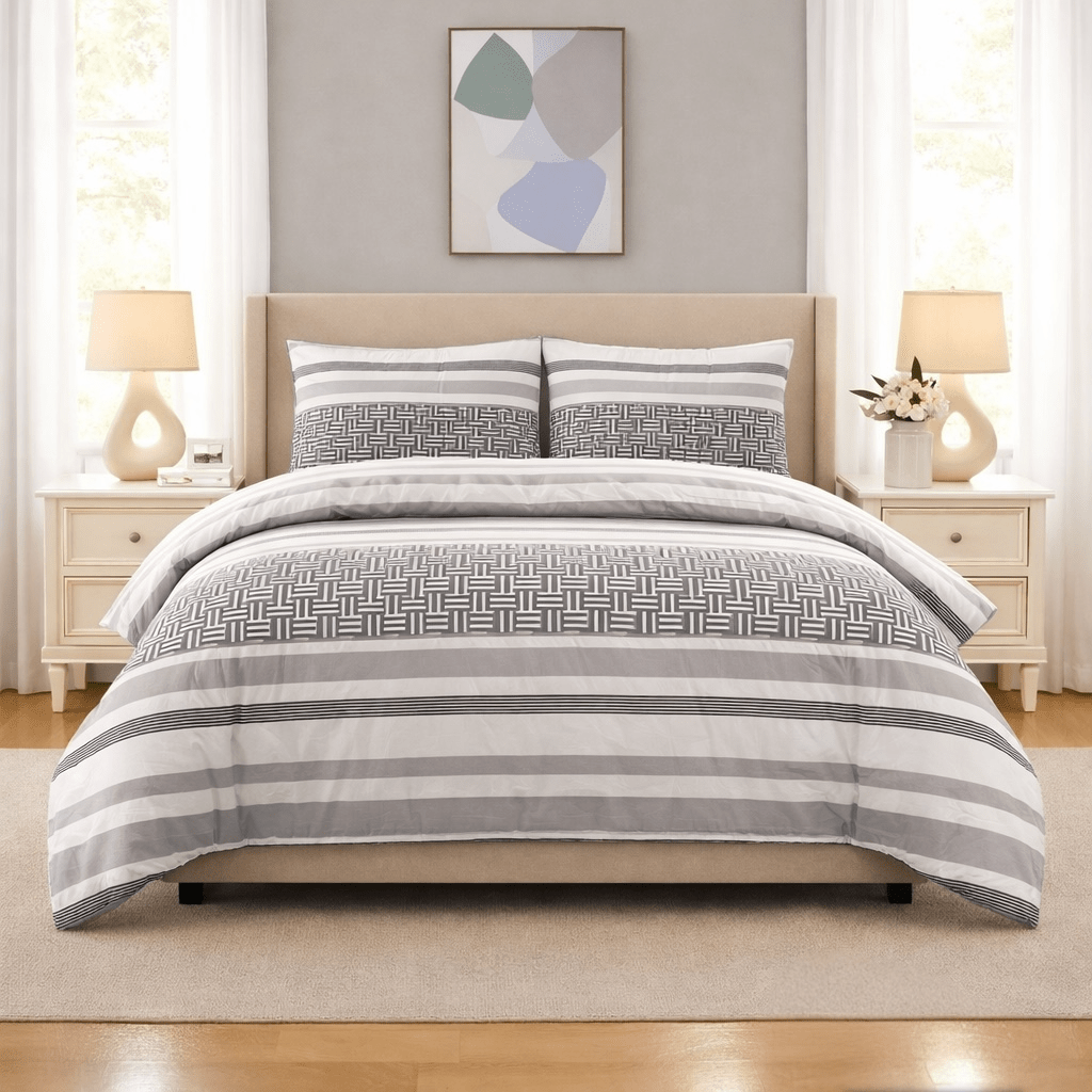 3PC Urban Printed Microfibre 80gsm Comforter - Grey Check Stripe - Home Phase