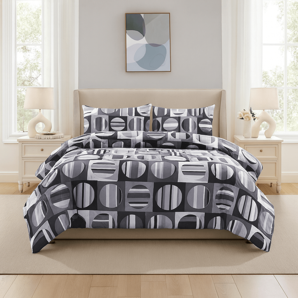 3PC Urban Printed Microfibre 80gsm Comforter - Grey Circle Geo - Home Phase