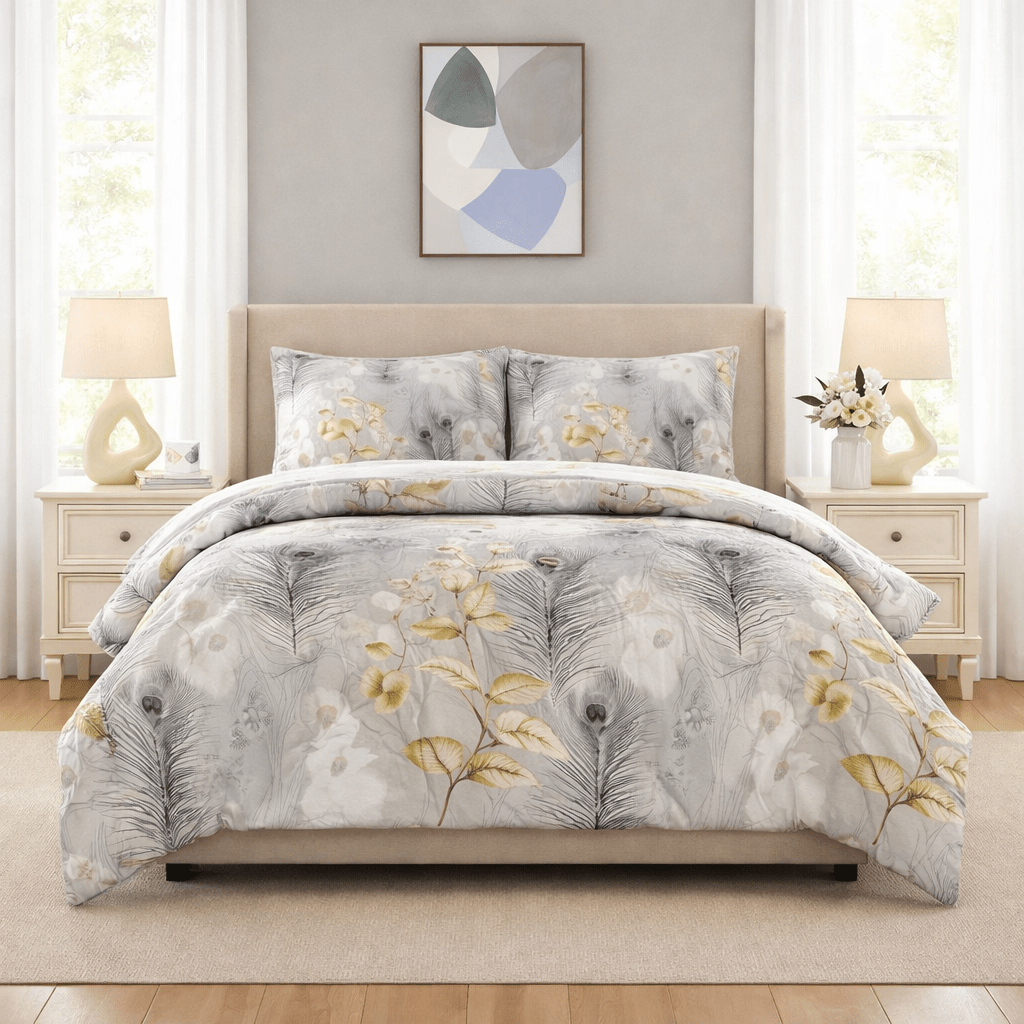 3PC Urban Printed Microfibre 80gsm Comforter - Grey & Gold Flower - Home Phase