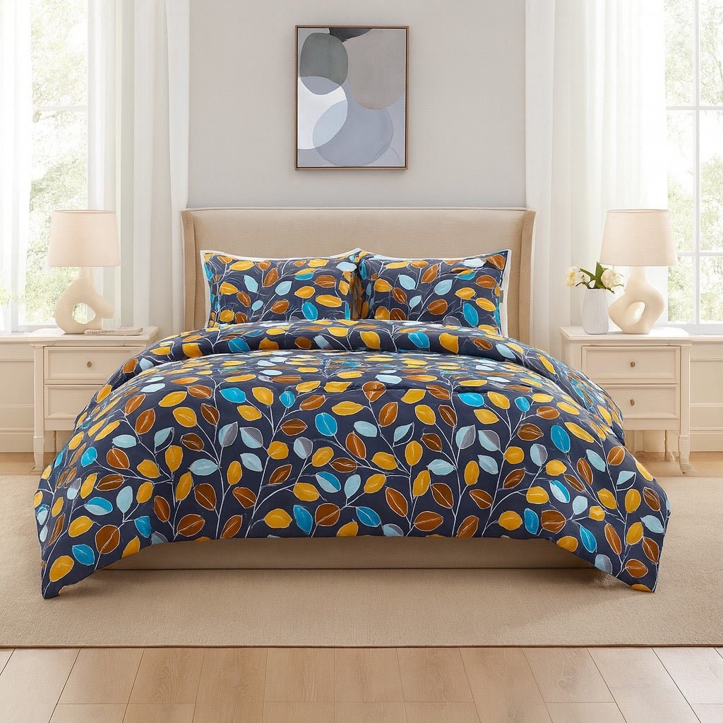 3PC Urban Printed Microfibre 80gsm Comforter - Grey Multicolour Leaf - Home Phase