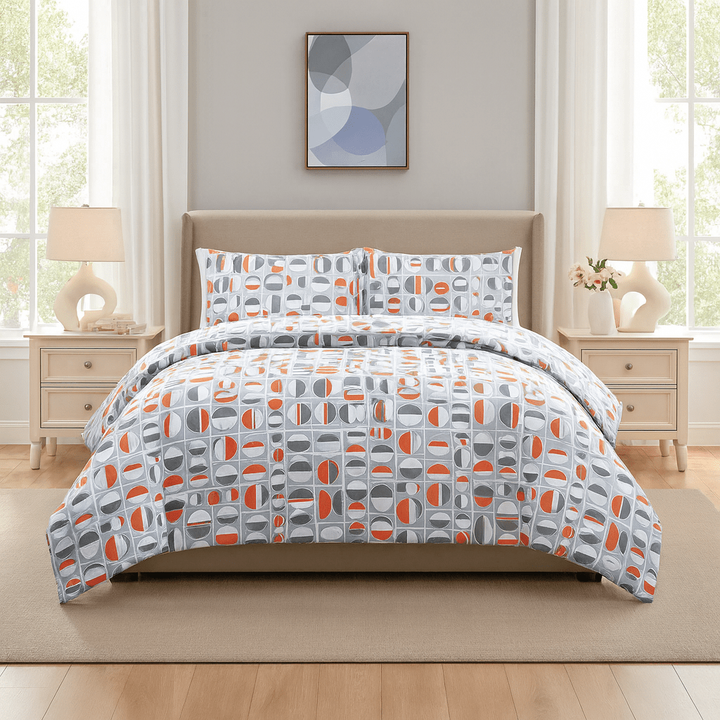 3PC Urban Printed Microfibre 80gsm Comforter - Grey & Orange Geo - Home Phase