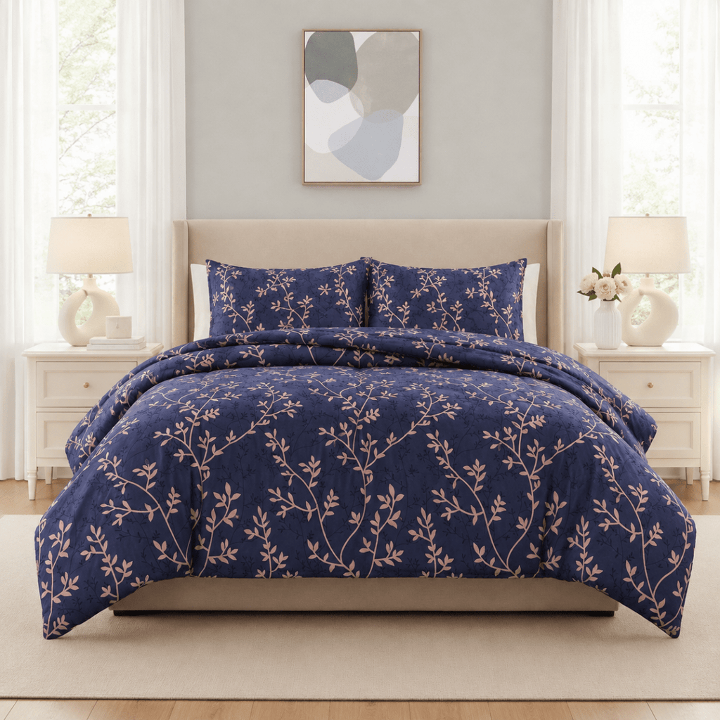 3PC Urban Printed Microfibre 80gsm Comforter - Navy & Brown Leaf - Home Phase