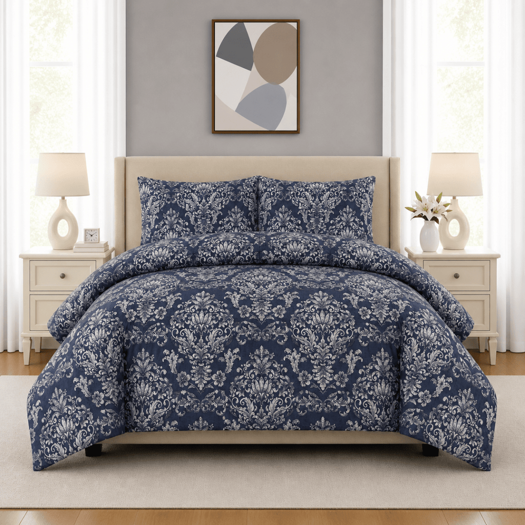 3PC Urban Printed Microfibre 80gsm Comforter - Navy Damask - Home Phase