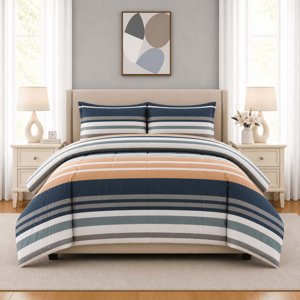 3PC Urban Printed Microfibre 80gsm Comforter - Navy, Peach & Green Stripe - Home Phase