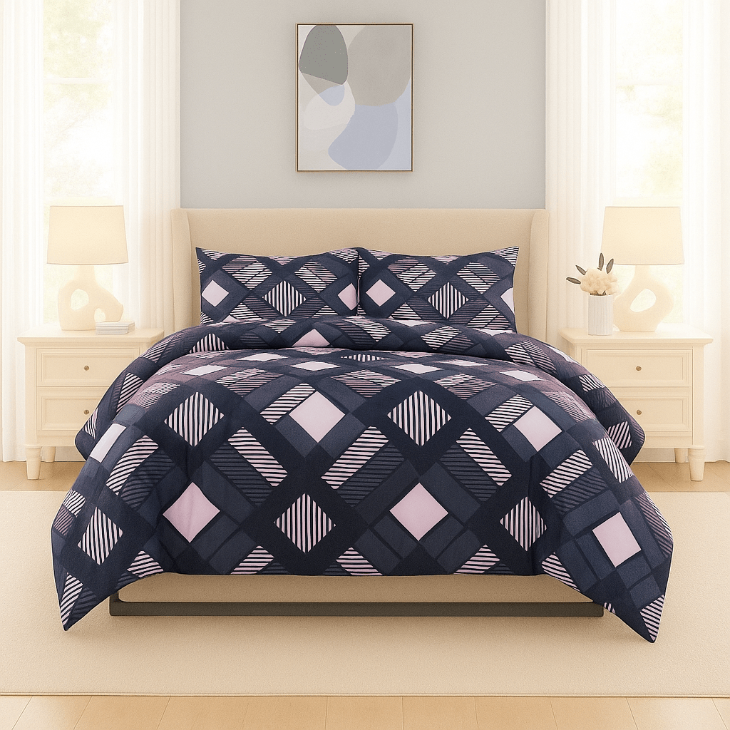 3PC Urban Printed Microfibre 80gsm Comforter - Navy & Pink Diamond - Home Phase