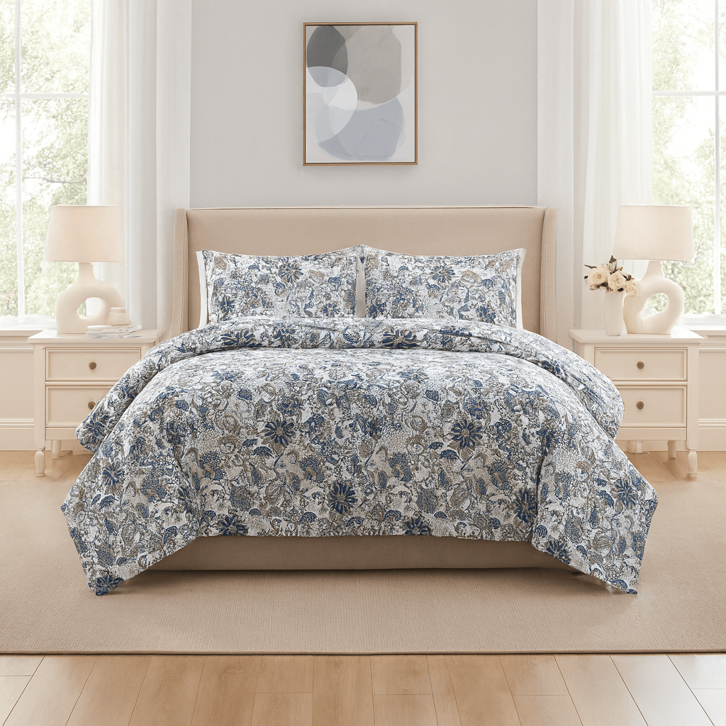 3PC Urban Printed Microfibre 80gsm Comforter - Navy & White Flower - Home Phase