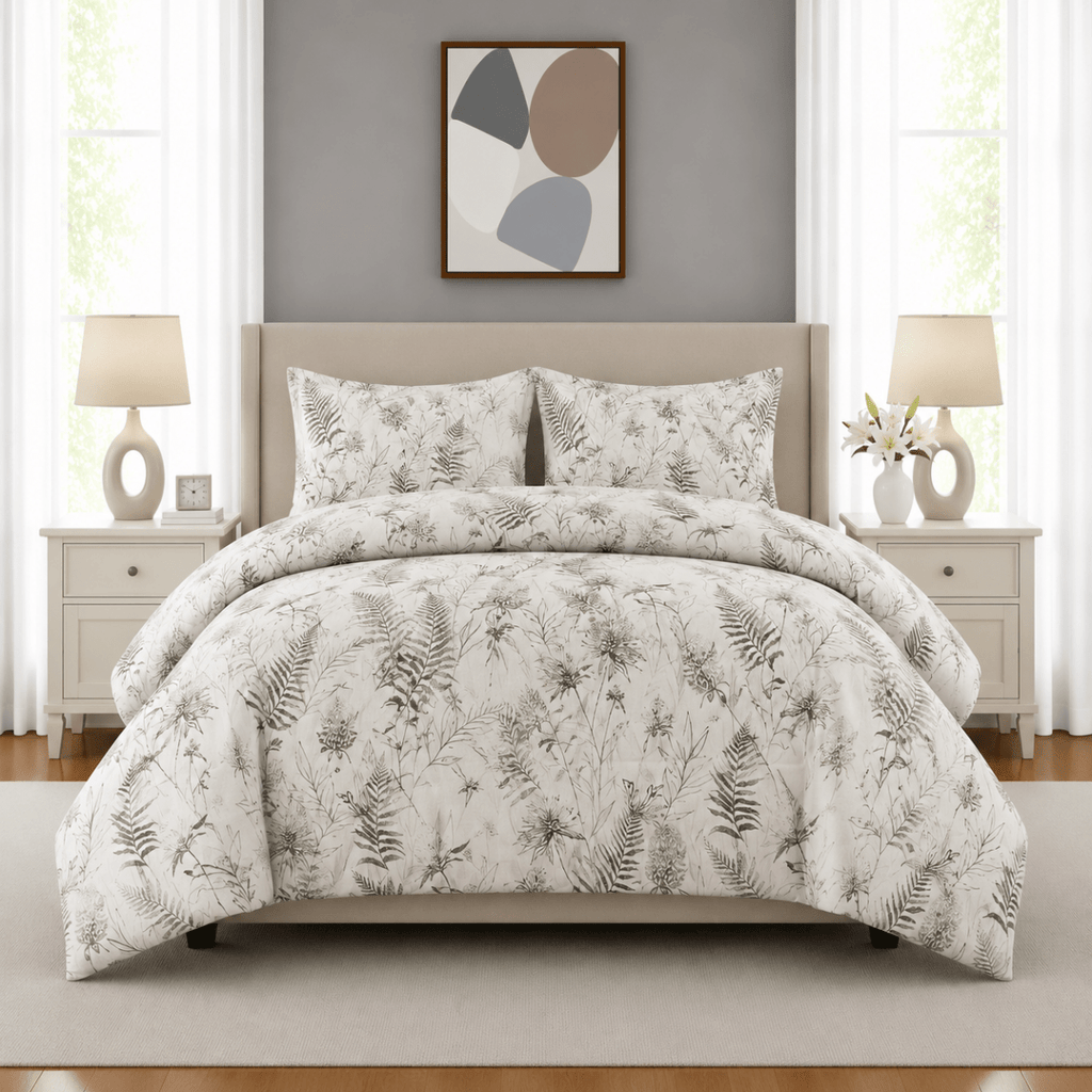 3PC Urban Printed Microfibre 80gsm Comforter - Off White Fern - Home Phase