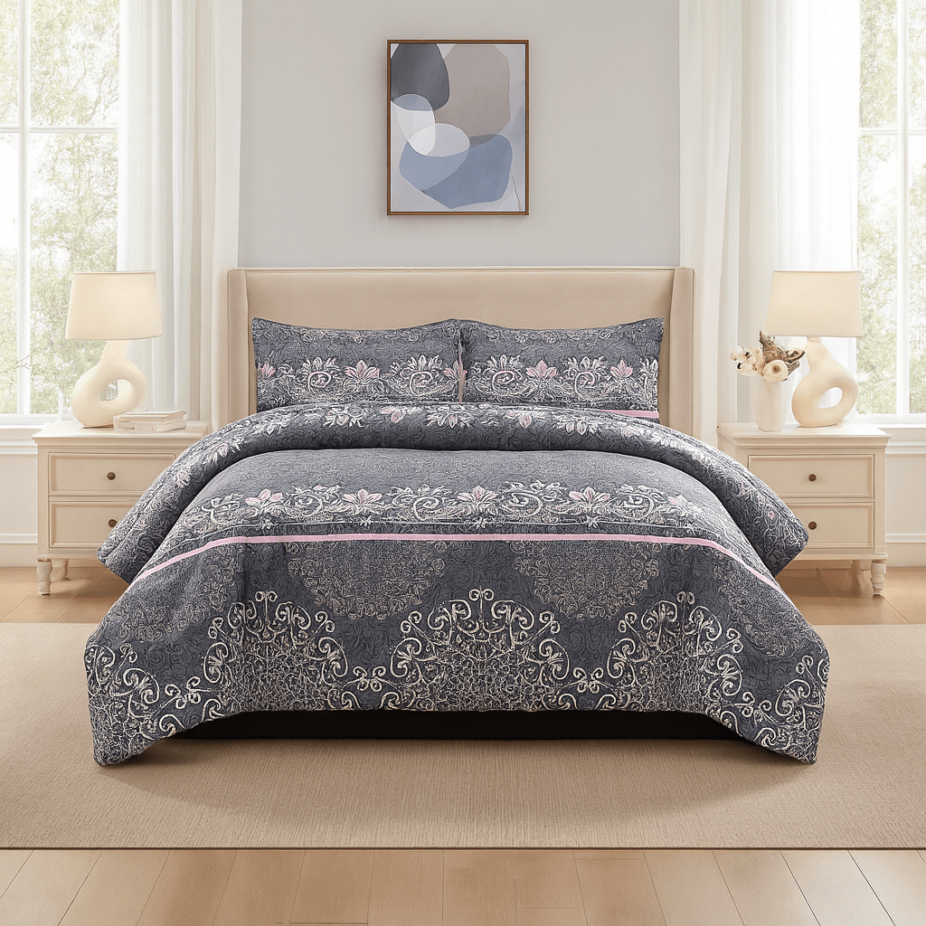 3PC Urban Printed Microfibre 80gsm Comforter - Pink & Grey Abstract - Home Phase