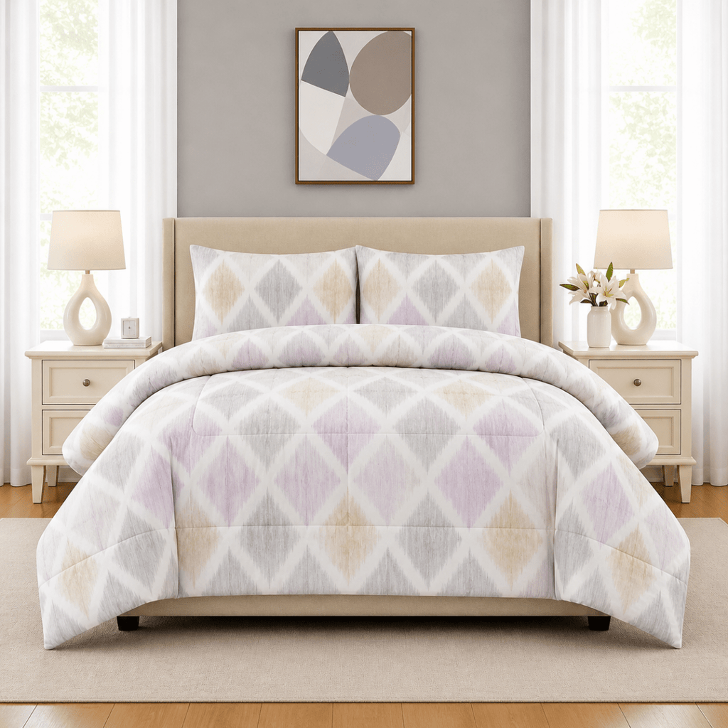 3PC Urban Printed Microfibre 80gsm Comforter - Pink, Orange, Grey & White Diamond - Home Phase