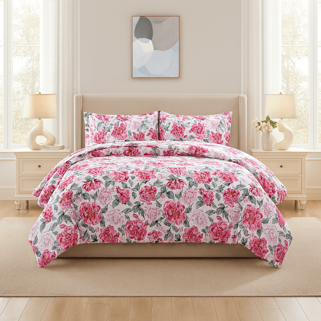 3PC Urban Printed Microfibre 80gsm Comforter - Pink & White Floral - Home Phase