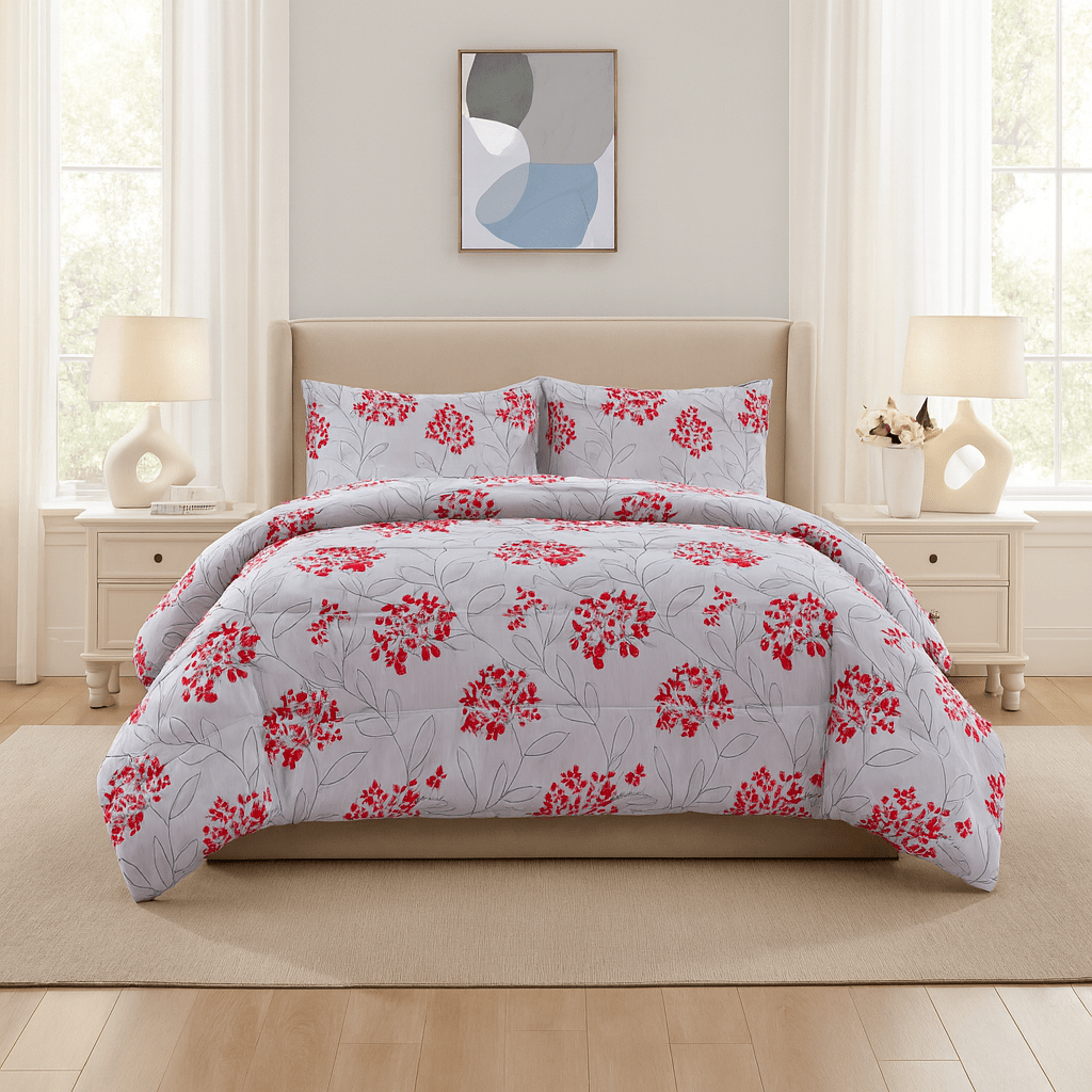 3PC Urban Printed Microfibre 80gsm Comforter - Red Flower - Home Phase