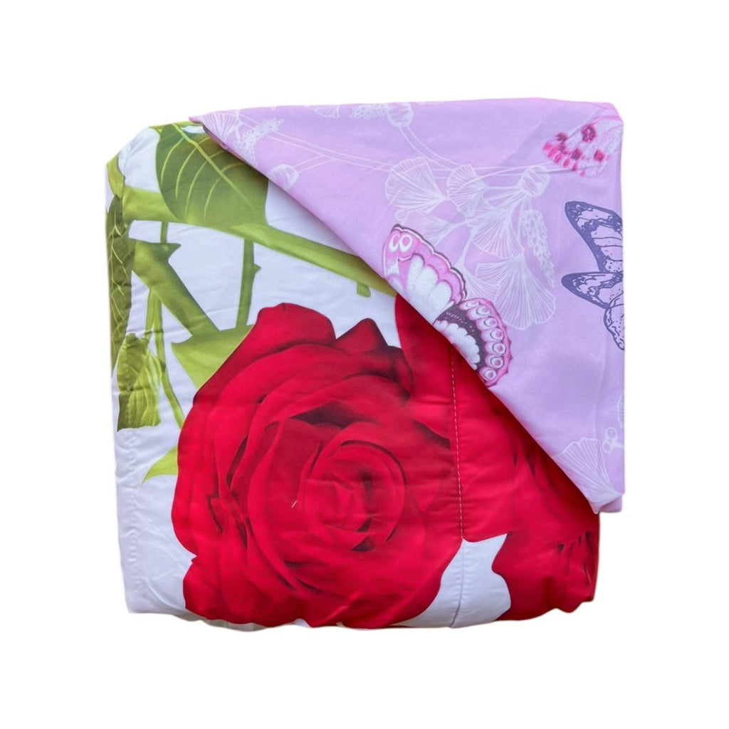 3PC Urban Printed Microfibre 80gsm Comforter - Red Flower With Pink Butterfly Pillowcase - Home Phase