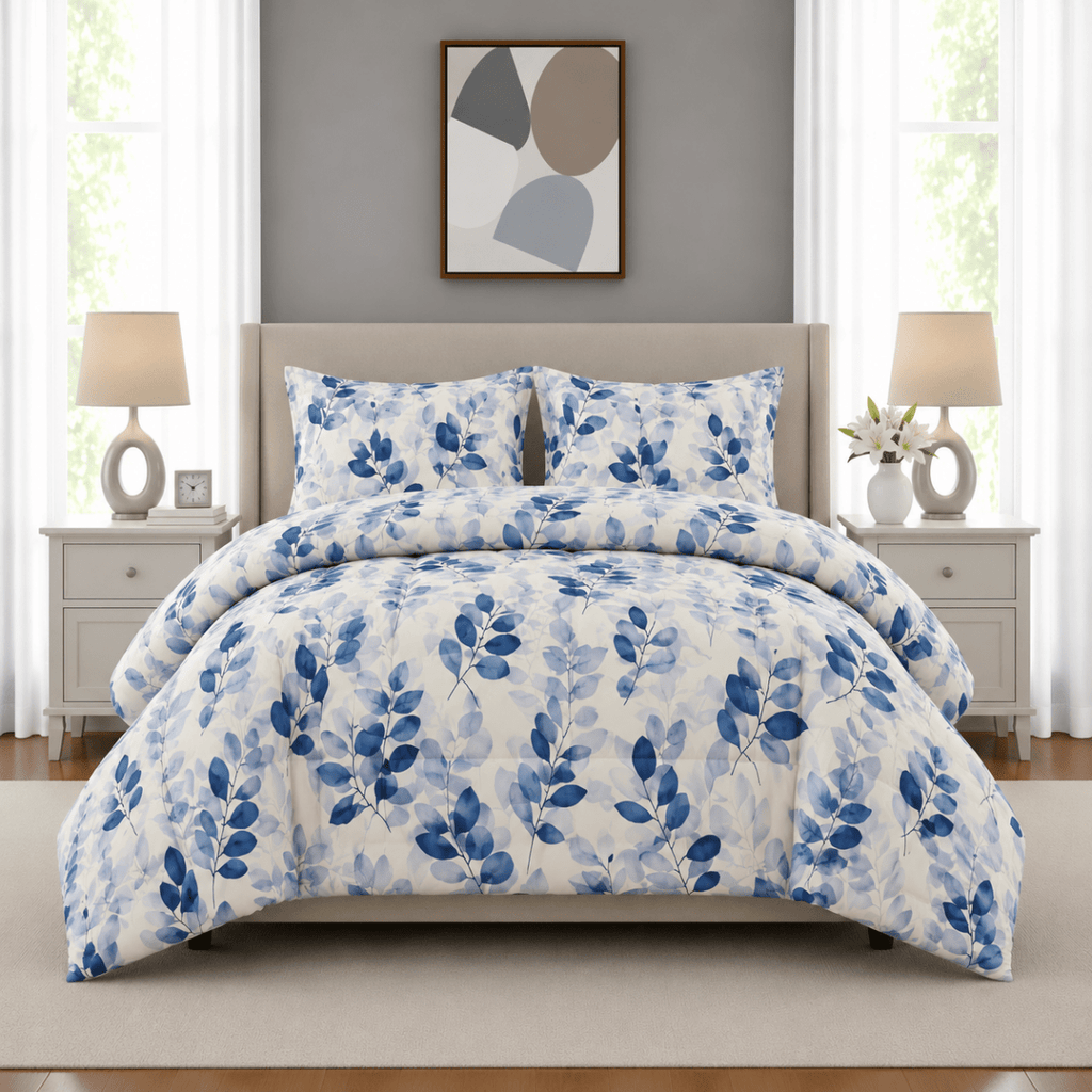 3PC Urban Printed Microfibre 80gsm Comforter - Watercolour Blue Leaf - Home Phase