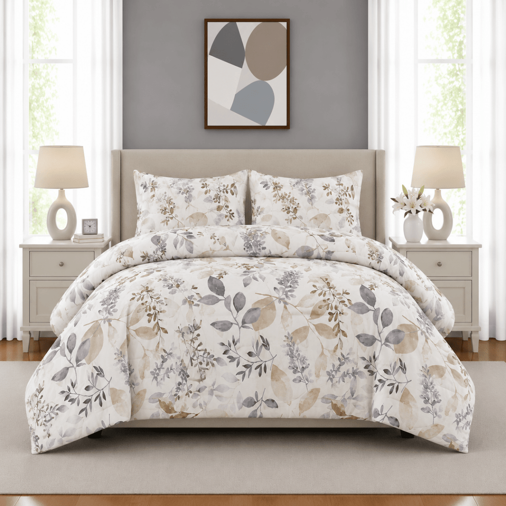 3PC Urban Printed Microfibre 80gsm Comforter - Watercolour Purple & Peach Leaf - Home Phase
