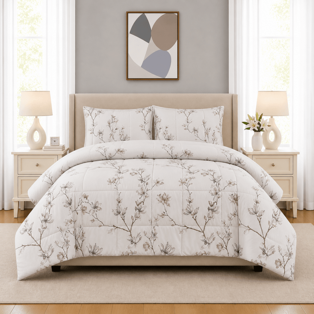 3PC Urban Printed Microfibre 80gsm Comforter - White Faded Flower - Home Phase