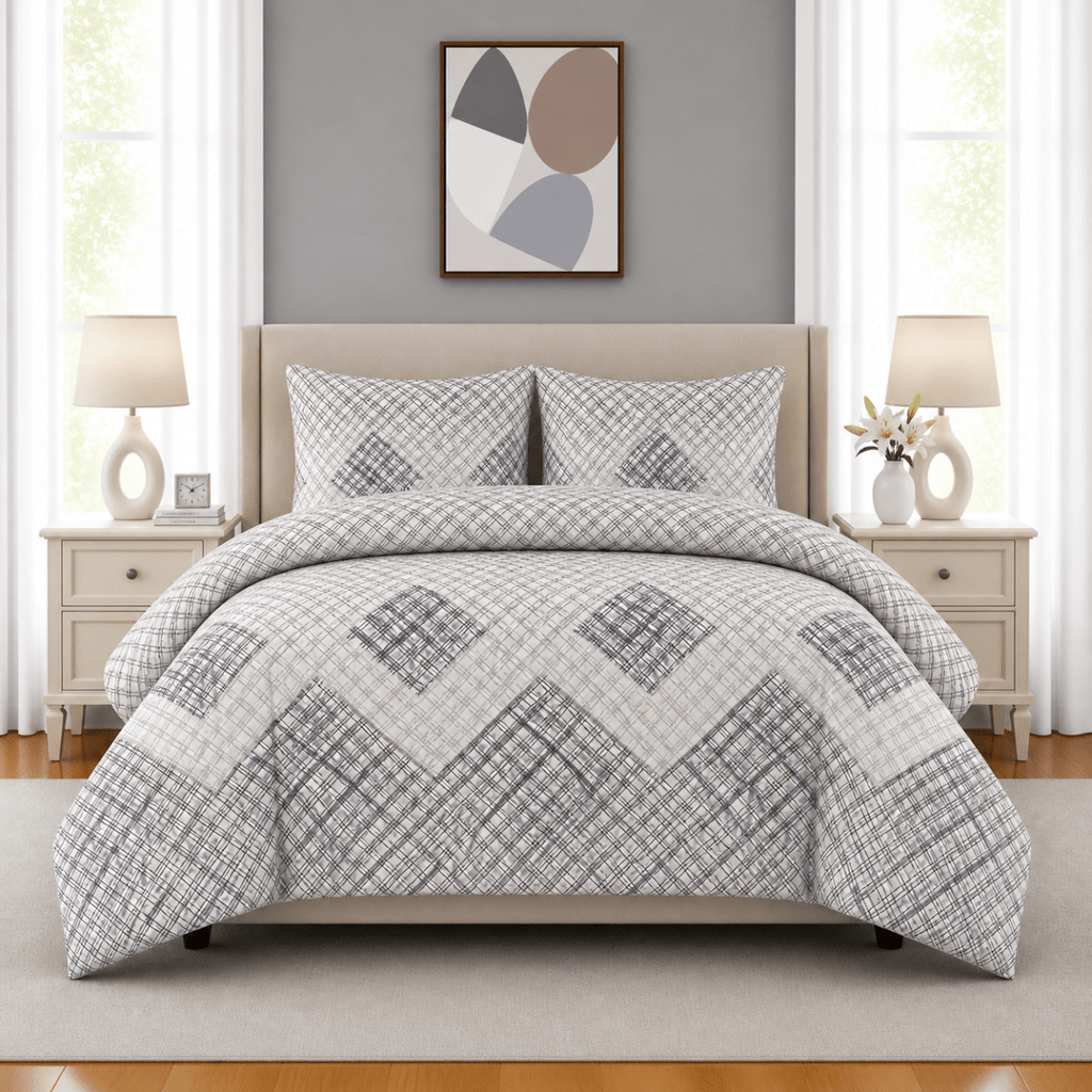 3PC Urban Printed Microfibre 80gsm Comforter - White & Purple Criss Cross - Home Phase