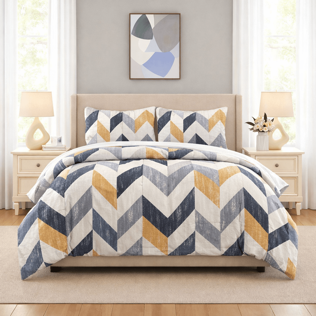 3PC Urban Printed Microfibre 80gsm Comforter - Yellow & Navy Zig Zag - Home Phase