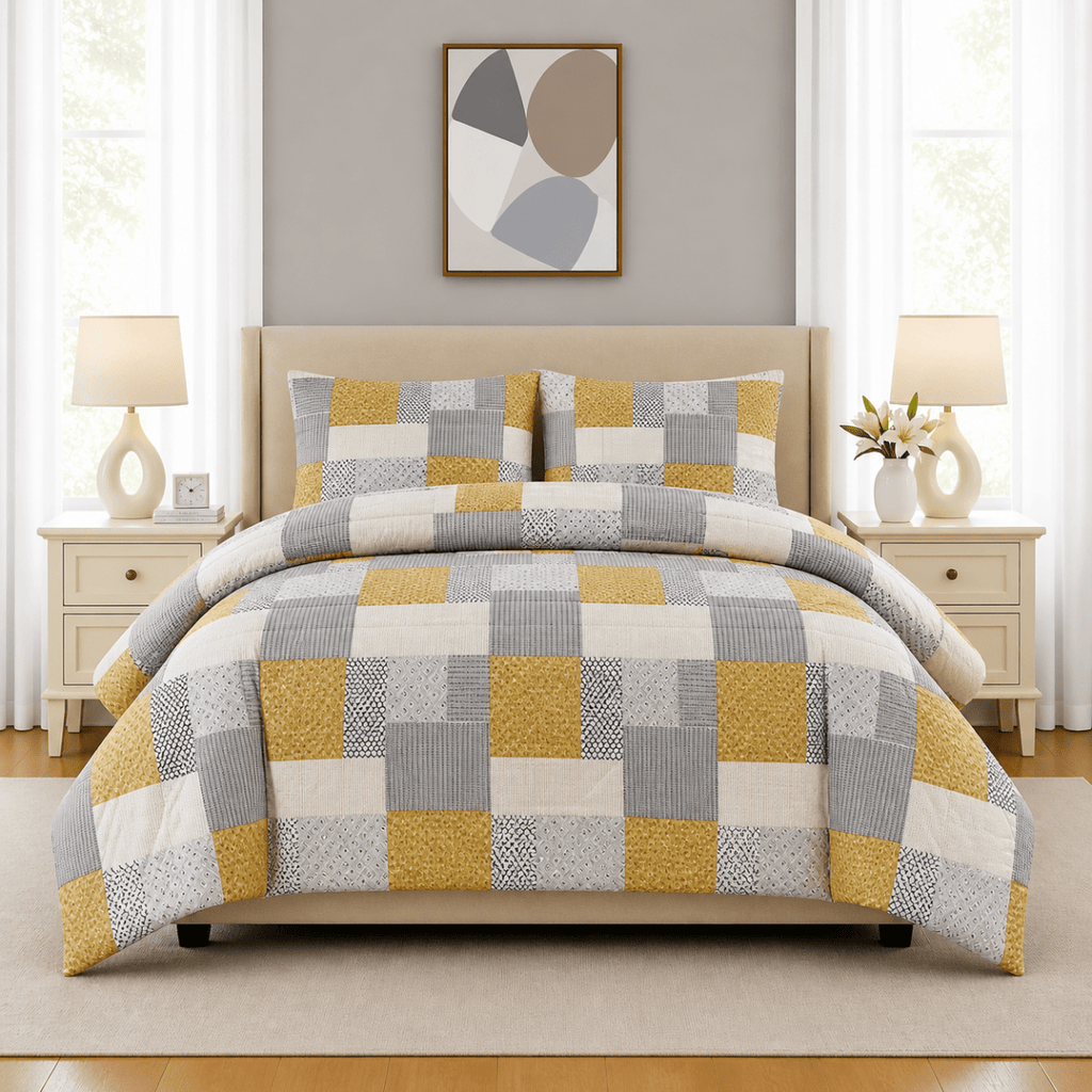3PC Urban Printed Microfibre 80gsm Comforter - Yellow Ribbed Square - Home Phase