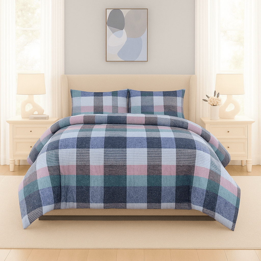 3PC Urban Printed Microfibre Comforter - Multi Flannel - Pink, Green & Grey - Home Phase