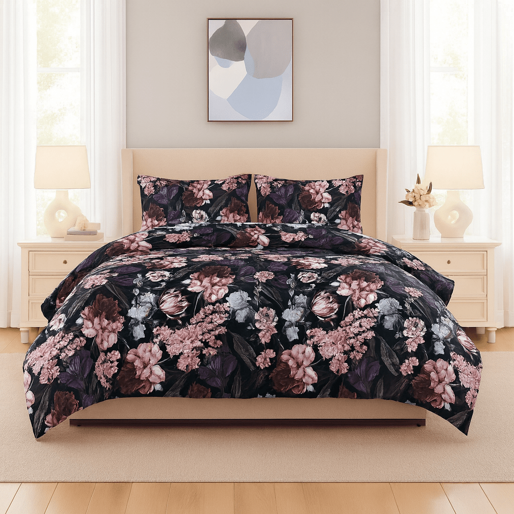 3PC Urban Silk Touch Microfibre Duvet Cover Set - Black & Purple Floral - Home Phase