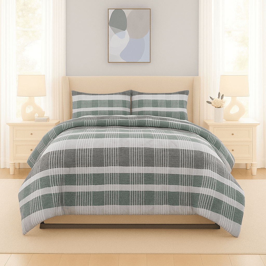 3PC Urban Silk Touch Microfibre Duvet Cover Set - Flannel - Green & White - Home Phase