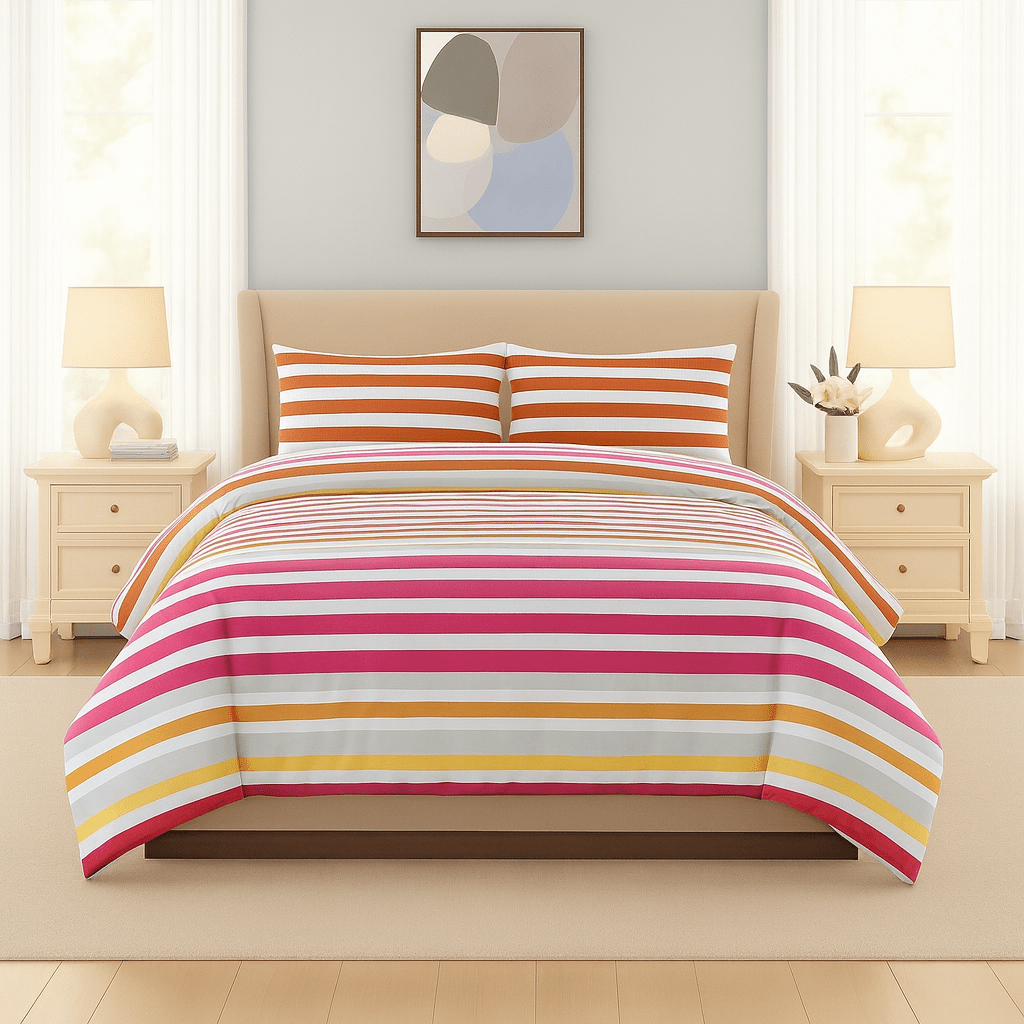 3PC Urban Silk Touch Microfibre Duvet Cover Set - Red, Pink & Yellow Stripe - Home Phase