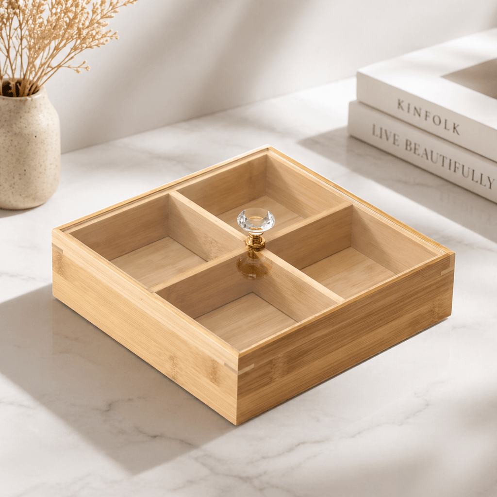 4 Compartment Bamboo Storage Box With Acrylic Lid & Crystal Knob - Home Phase