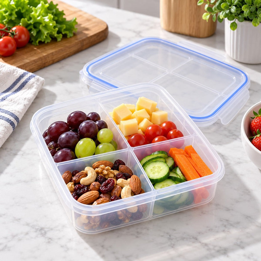 4 Compartment Food Storage Container with Clip Top Lid – 20 × 20 × 6 cm - Home Phase