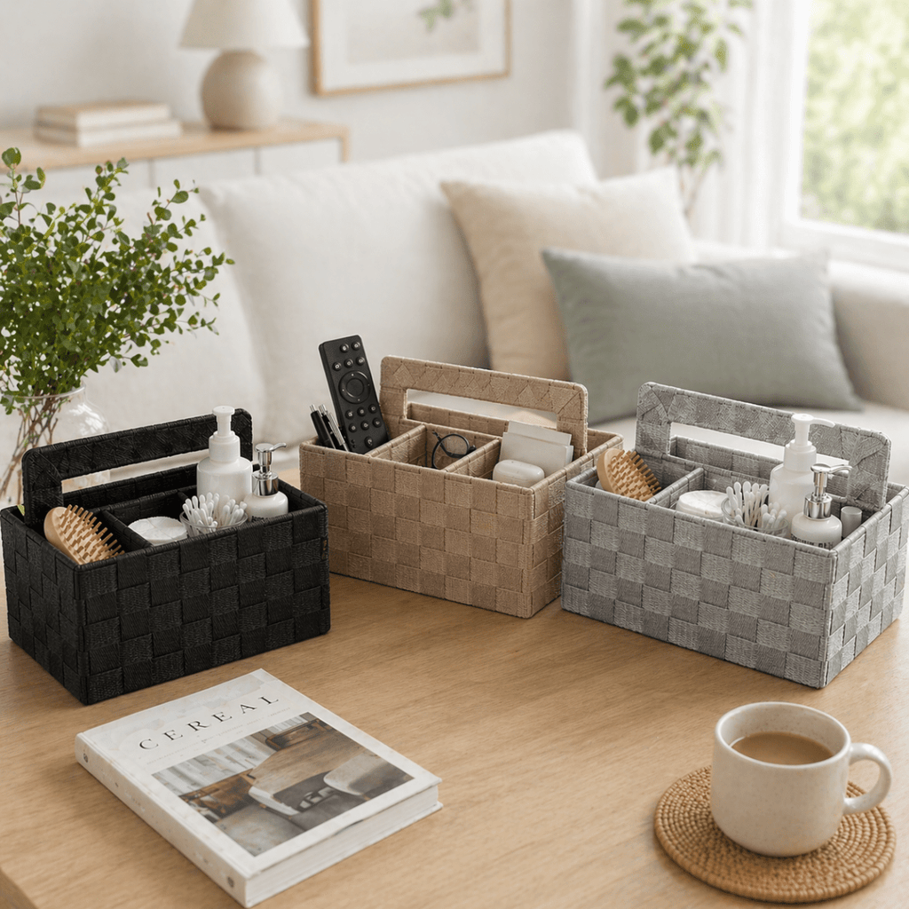 4 Compartment Woven Organizer With Handle - Home Phase