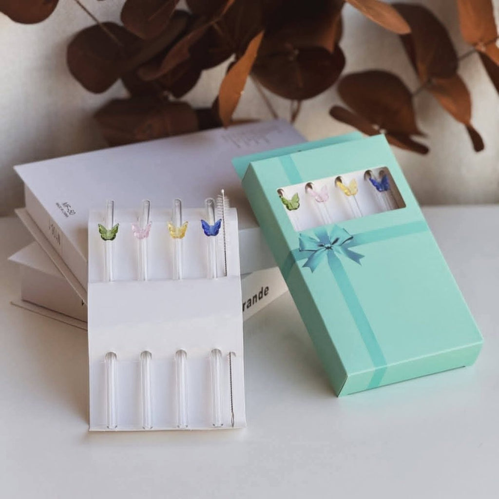 4+1 Glass Straw Set - Butterfly - Home Phase