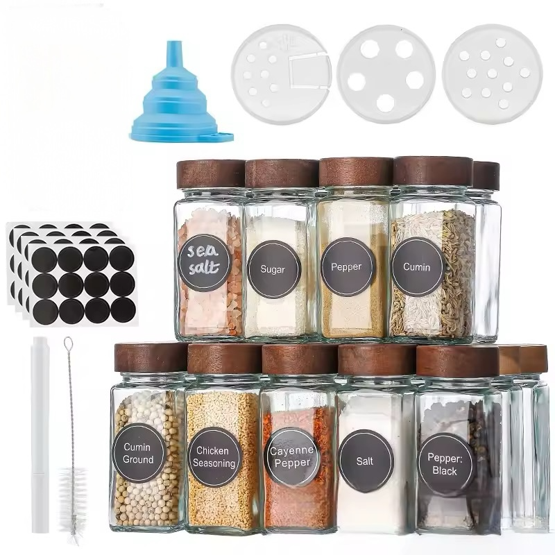12 PC  Acacia Wood & Glass Spice Jars With Stickers Set