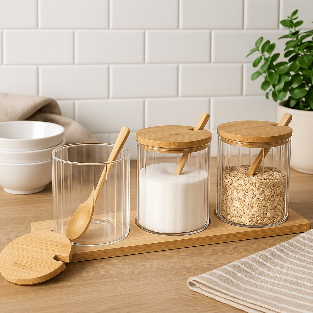 4PC Glass Jar + Bamboo lid & Spoon + Bamboo Base - Home Phase