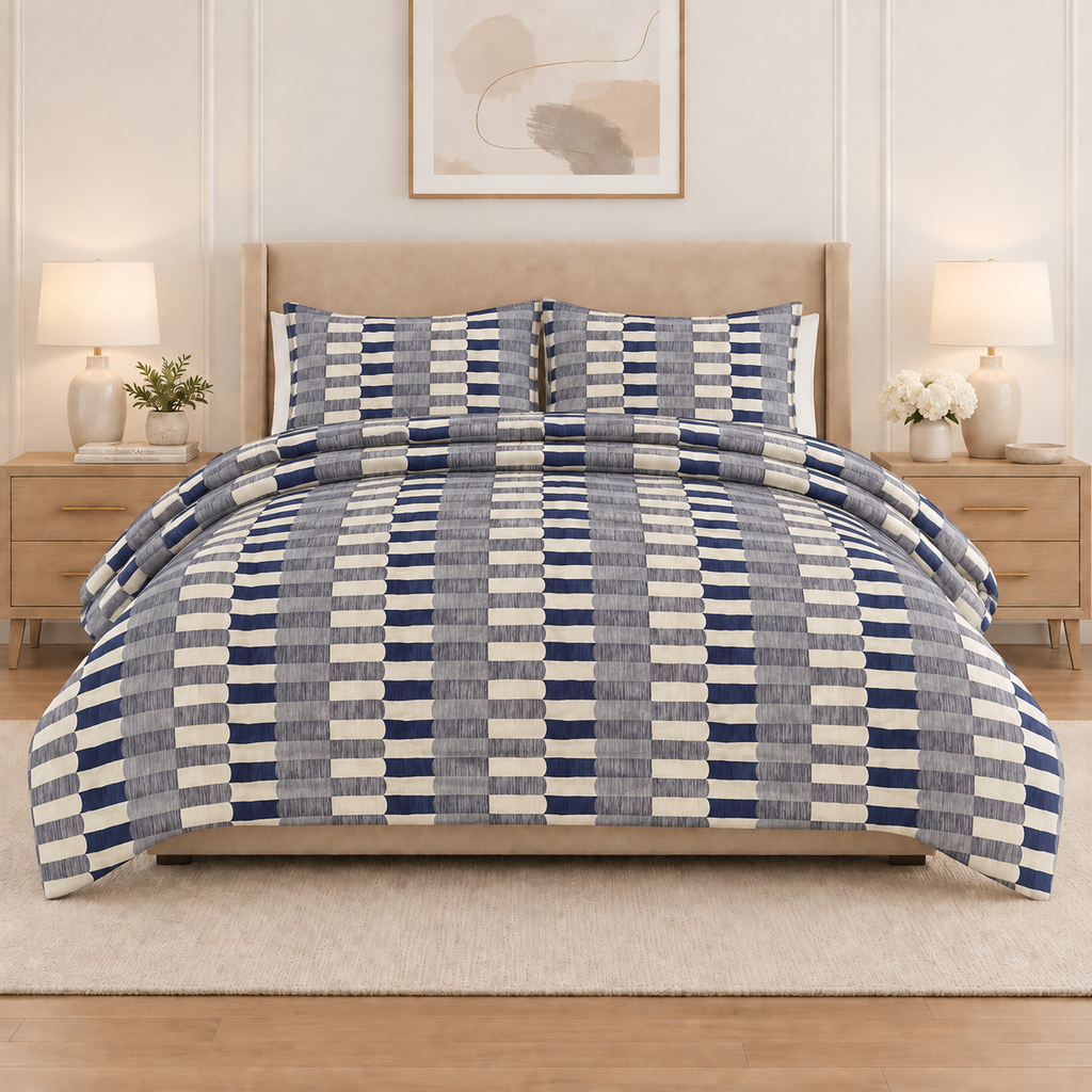 3PC Tela Printed Microfibre Comforter - Blue Stripe Abstract