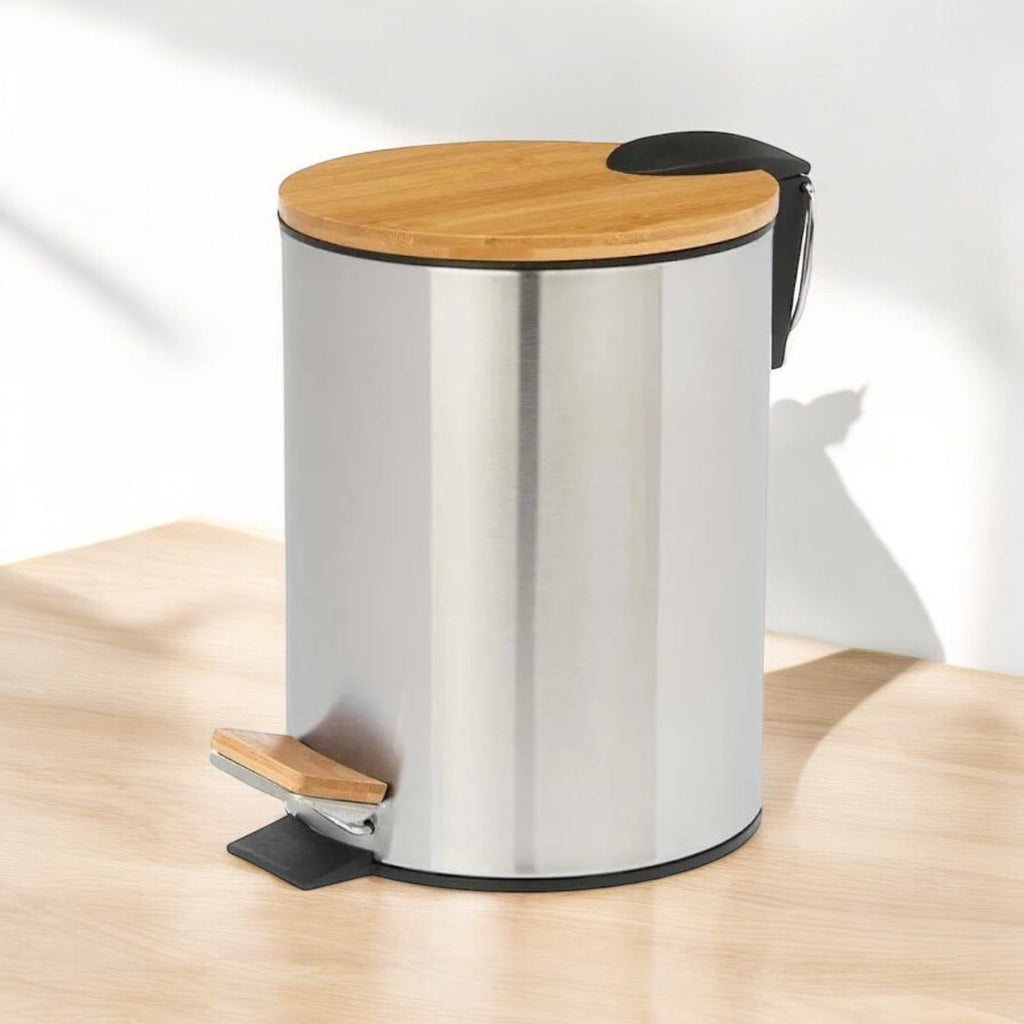 5L Bathlux Bamboo Lid Silver Pedal Bin - Style Phase Home