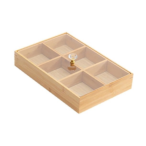 6 Compartment Bamboo Storage Box With Acrylic Lid & Crystal Knob - Home Phase