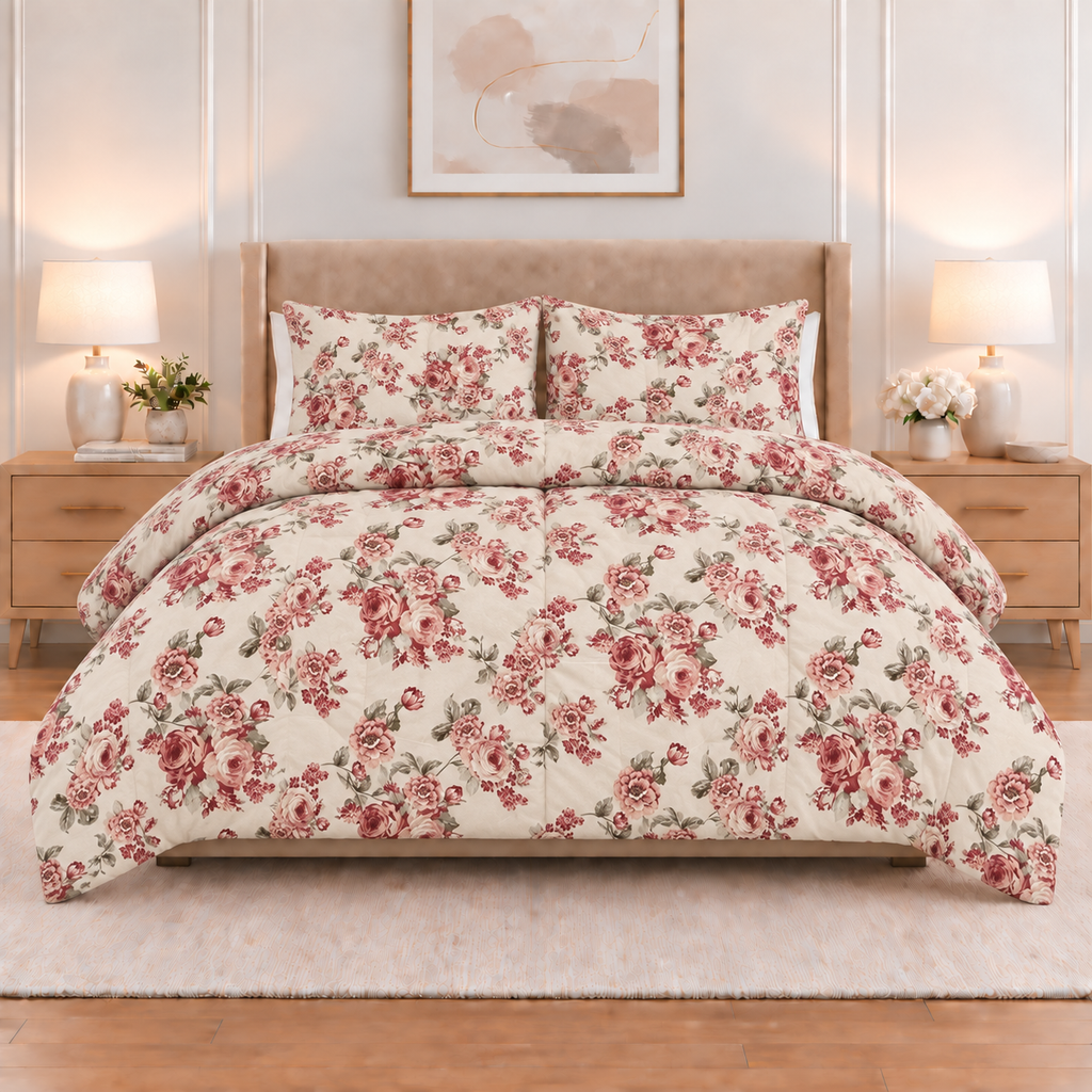 3PC Tela Printed Microfibre Comforter - Pink Rose
