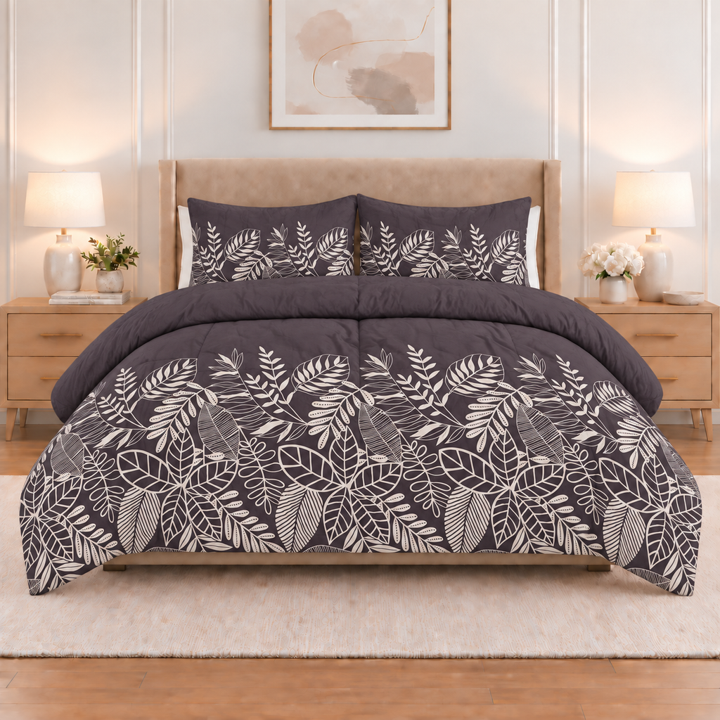 3PC Tela Printed Microfibre Comforter - Charcoal & White Leaf