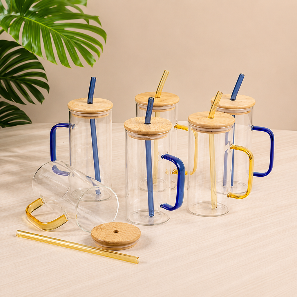 Round Glass Cup With Bamboo Lid & Straw - 380 ml