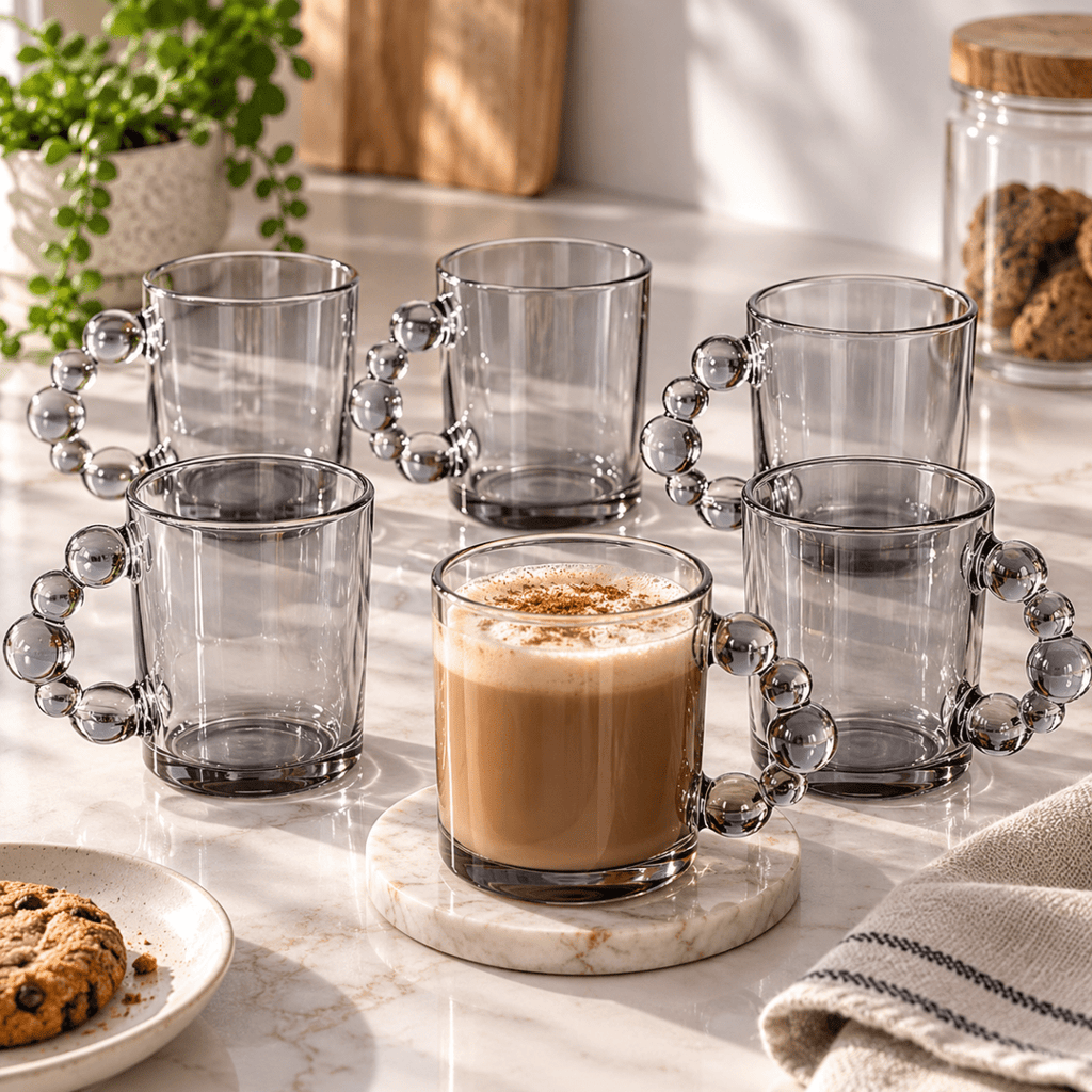 6PC Bubble Handle Glass Cup - Grey - 300 ml - Home Phase