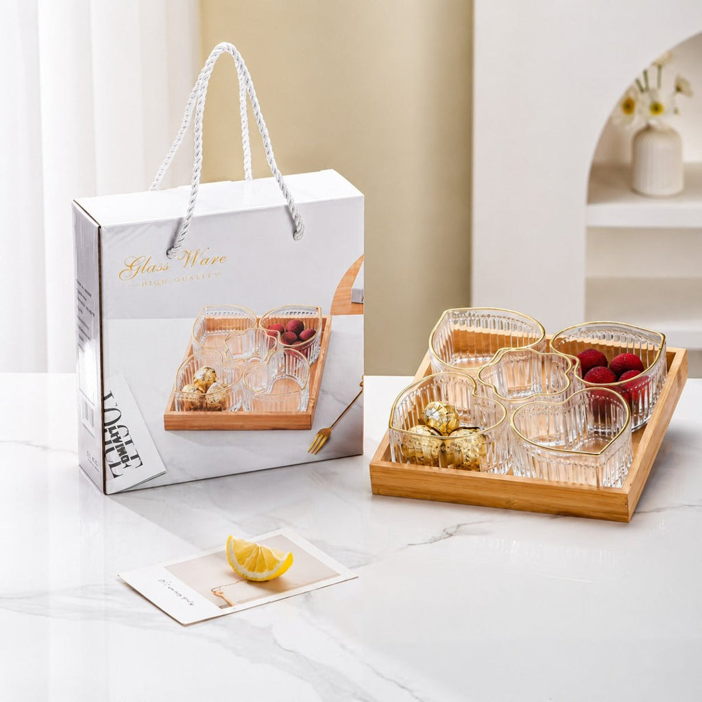 6PC Glass Bowl And Wooden Tray Set With Gold Rim - Home Phase