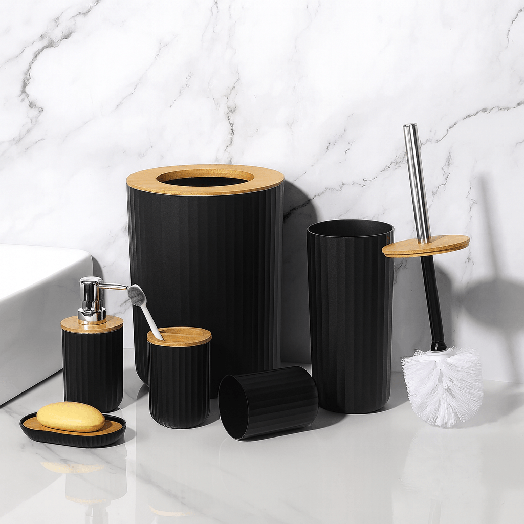 6PC Ribbed Plastic & Wood Bathroom Accessories Set - Home Phase