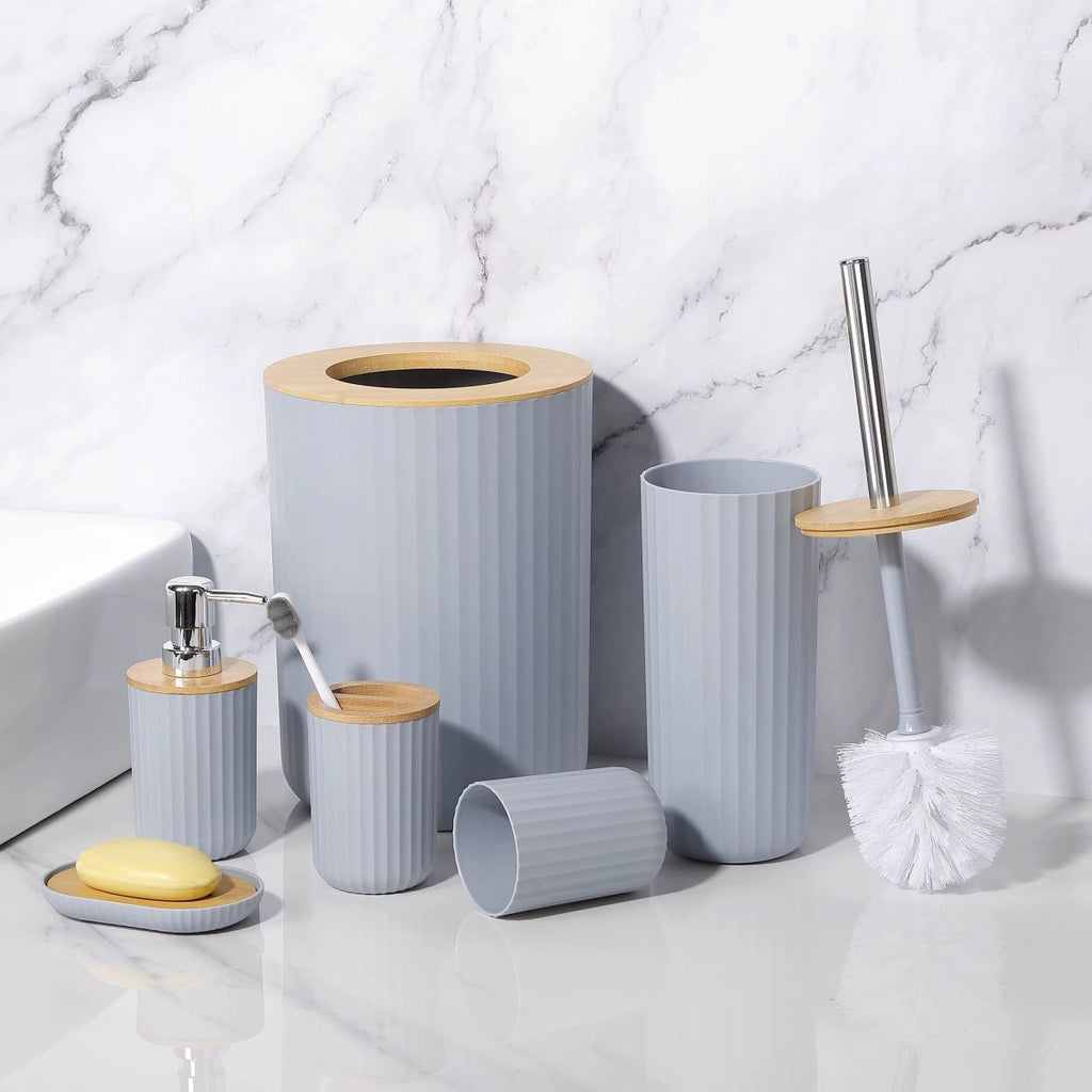 6PC Ribbed Plastic & Wood Bathroom Accessories Set - Home Phase
