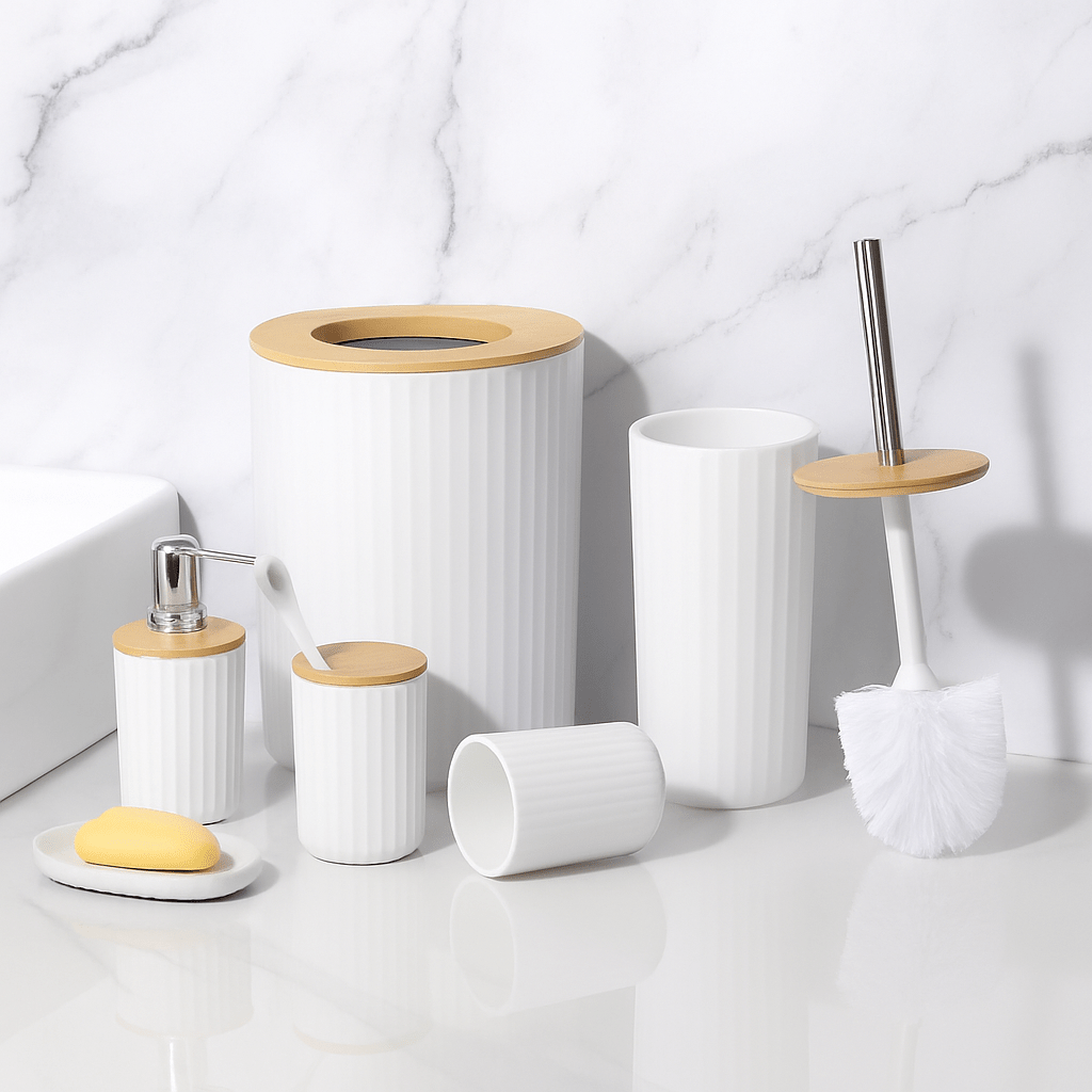 6PC Ribbed Plastic & Wood Bathroom Accessories Set - Home Phase