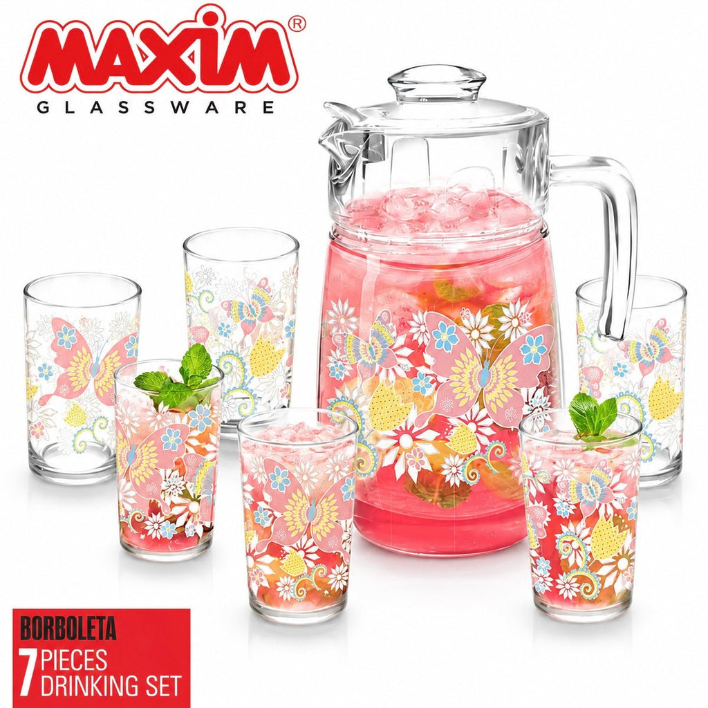 7PC Maxim Printed Glass Jug & Tumbler Set - Barboleta - Home Phase
