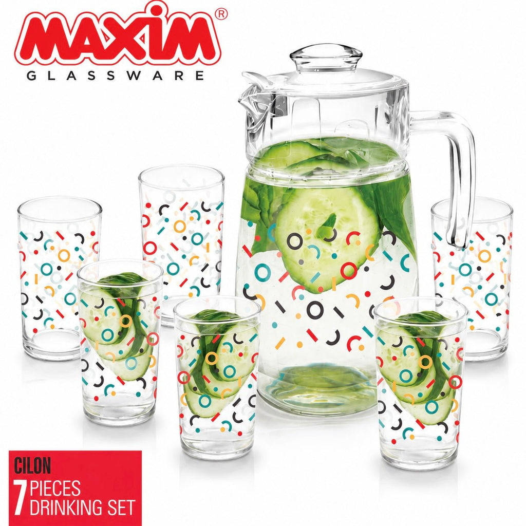 7PC Maxim Printed Glass Jug & Tumbler Set - Cilon - Home Phase