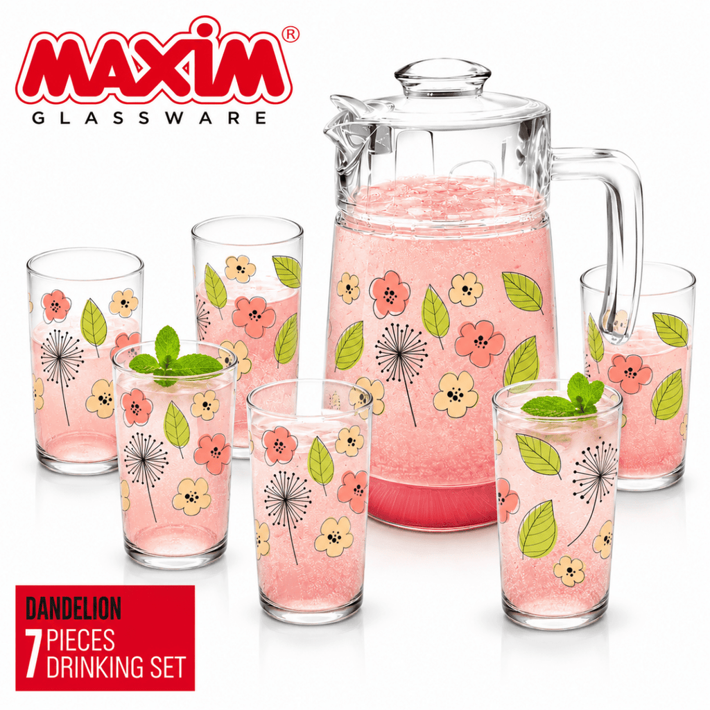 7PC Maxim Printed Glass Jug & Tumbler Set - Dandelion - Home Phase